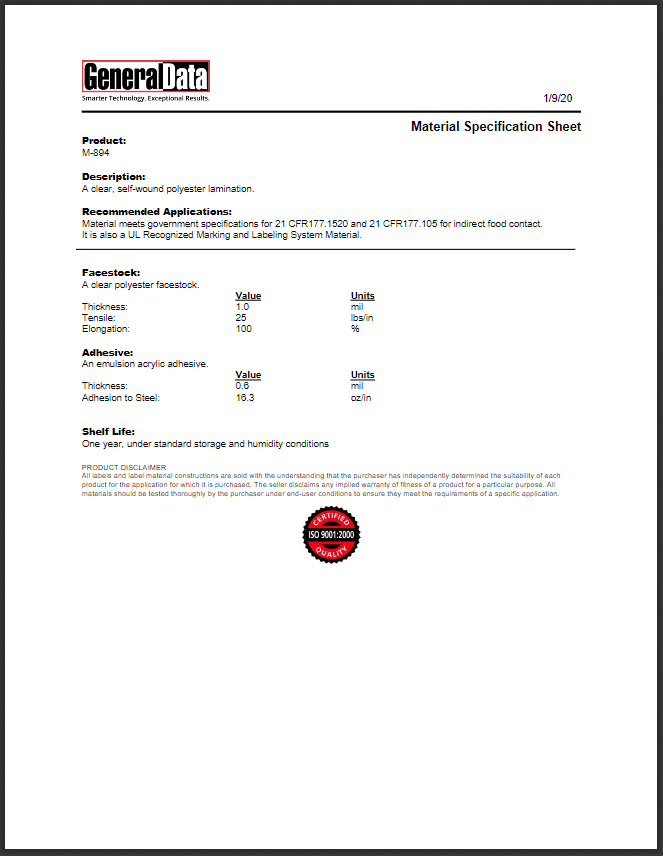 M-894 Material Specification Sheet