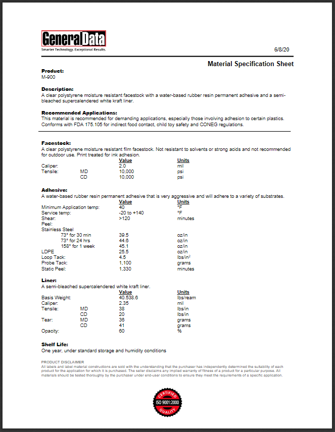 M-900 Material Specification Sheet