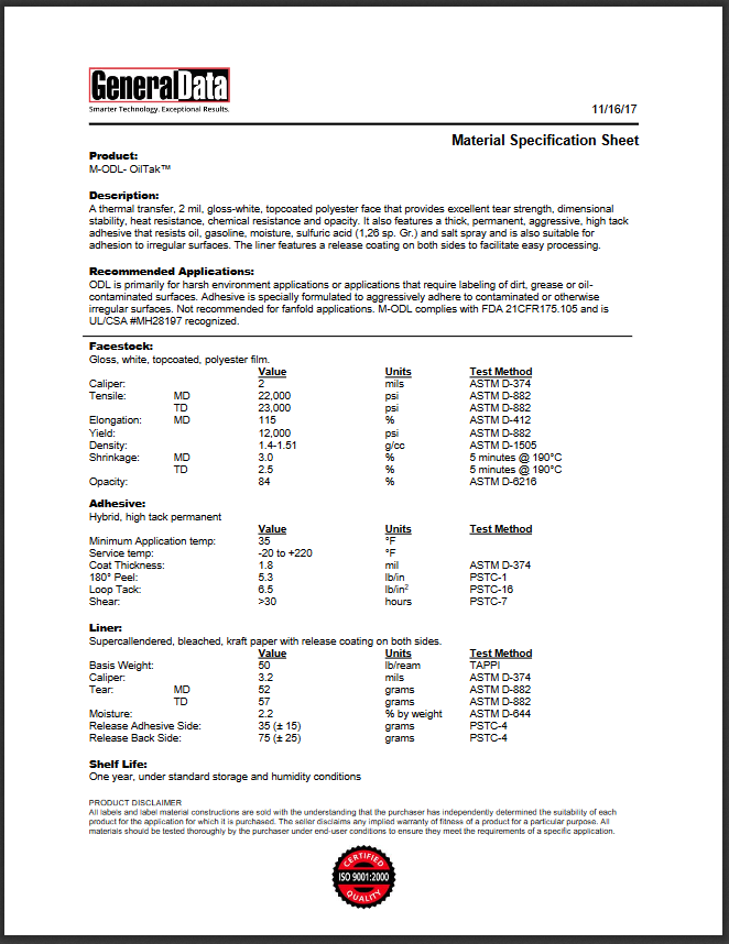 M-ODL Material Specification Sheet