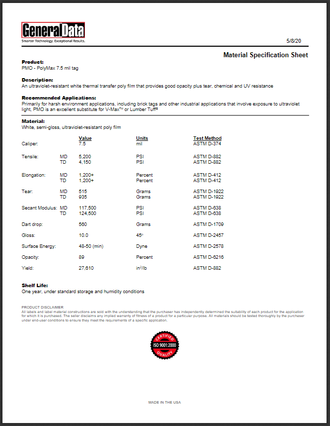 PMO Material Specification Sheet