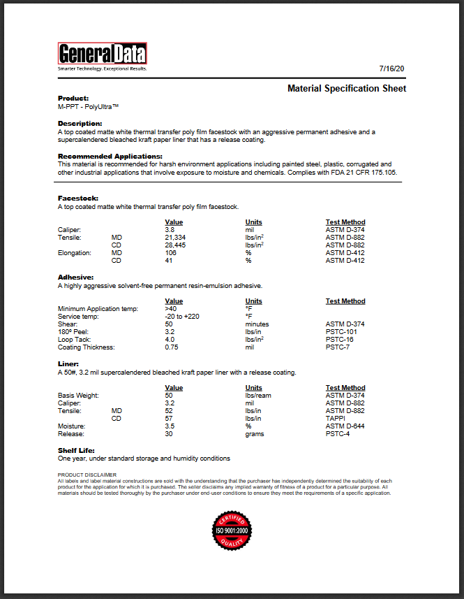 PPT Material Specification Sheet 