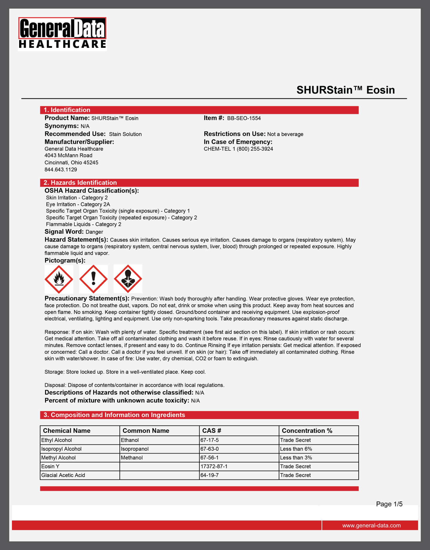 SHURStain Eosin-Y Safety Data Sheet 