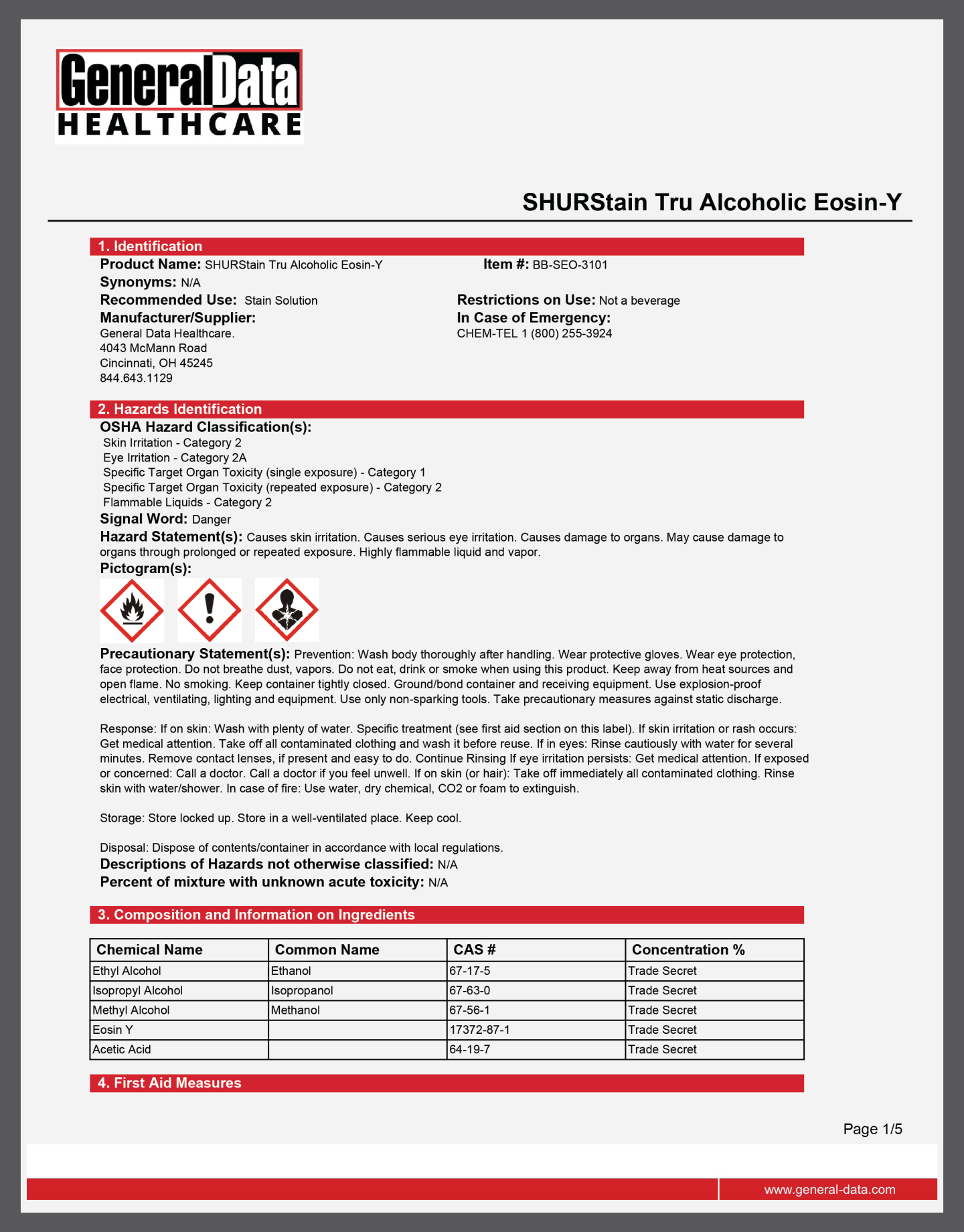 SHURStain Tru Alcoholic Eosin-Y Safety Data Sheet