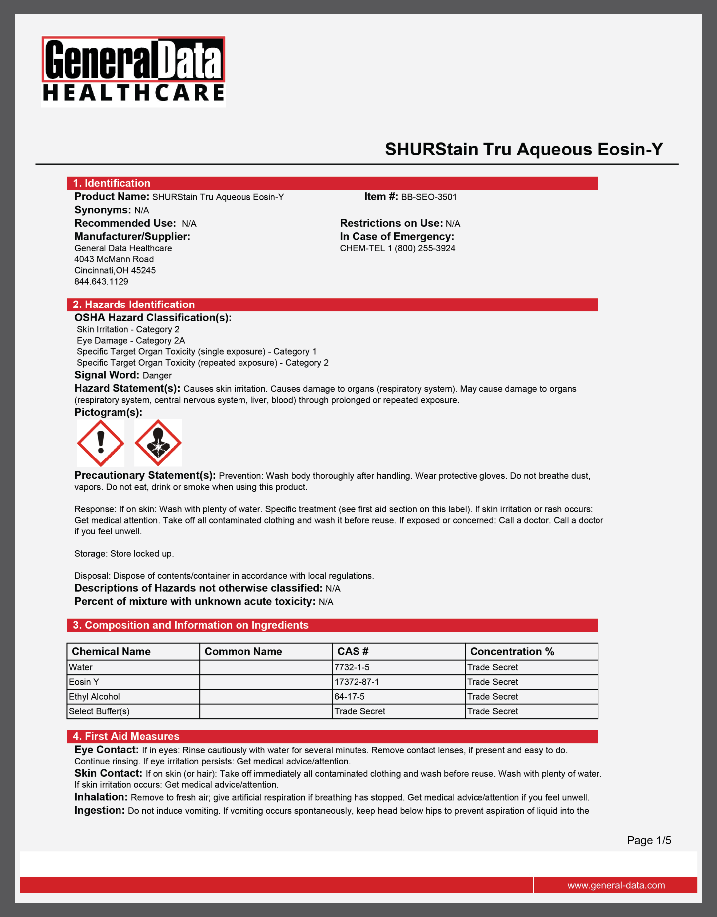 SHURStain Tru Aqueous Eosin-Y Safety Data Sheet