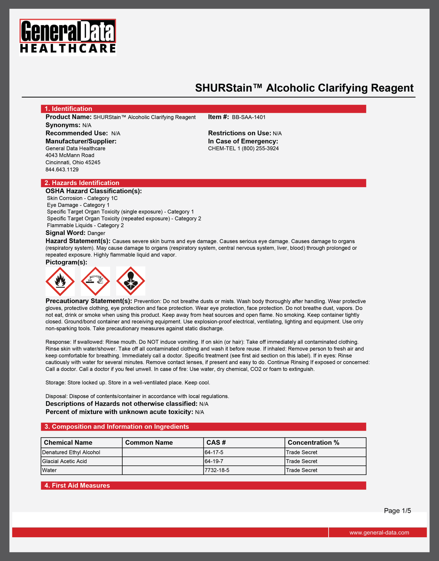 SHURStain Alcoholic Clarifying Reagent Safety Data Sheet