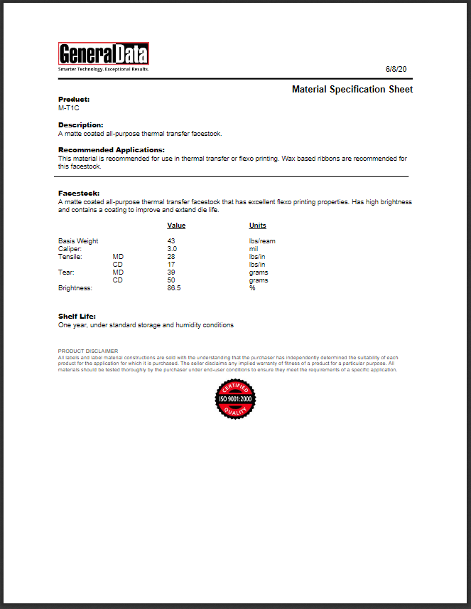 T1C Material Specification Sheet 