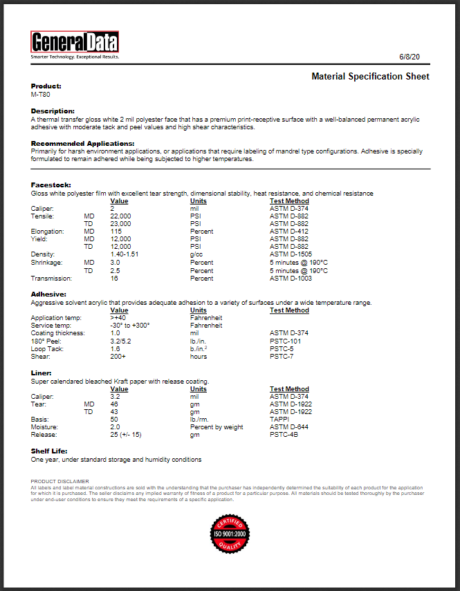 T80 Material Specification Sheet