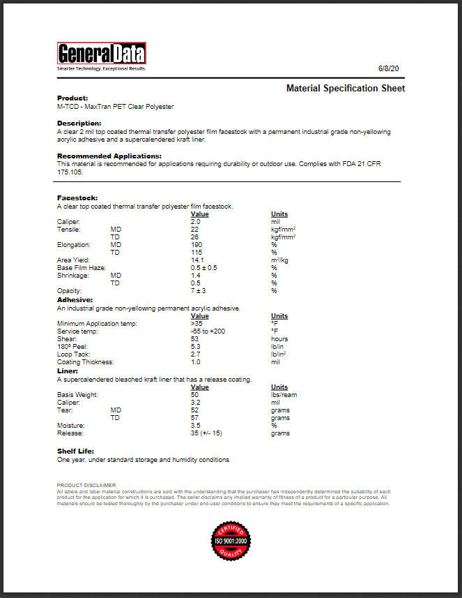 TCD Material Specification Sheet