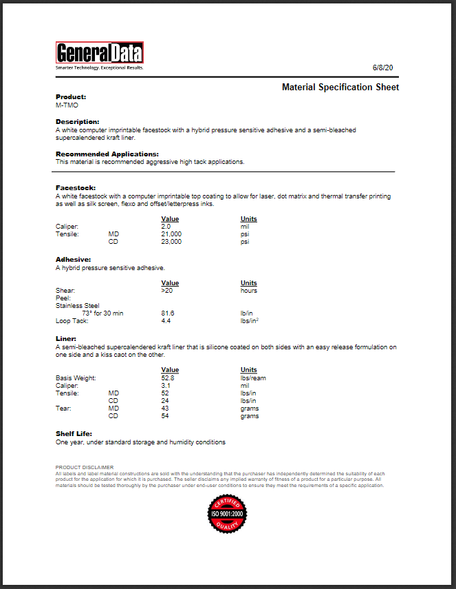 TMO Material Specification Sheet