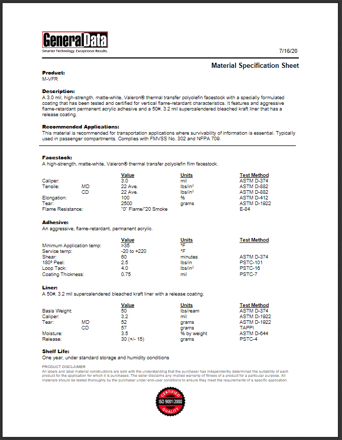 VFR Material Specification Sheet